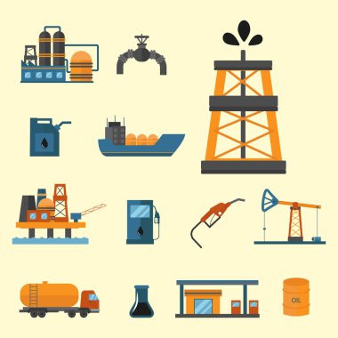 Mineral yağ petrol çıkarma üretim ulaşım fabrika lojistik ekipman vektör simgeleri çizim