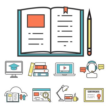 Düz tasarım simgeler online eğitim personeli kitapçıda bilgi öğrenme uzak eğitim illüstrasyon vektör