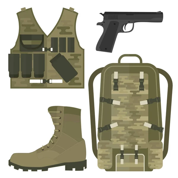 Armas militares armas de armadura fuerzas de combate americano munición camuflaje signo vector ilustración . — Archivo Imágenes Vectoriales