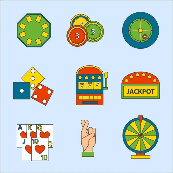 Juego de casino iconos póquer jugador símbolos blackjack ganar ruleta joker slotbvector ilustración . — Archivo Imágenes Vectoriales
