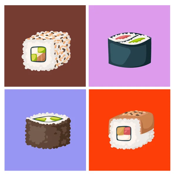 Sushi japán konyha hagyományos ételeket lakás egészséges ínyenc ikonok Ázsia étkezési kultúra roll vektor illusztráció. — Stock Vector