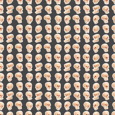 Kafatası kemikleri insan yüzü halloween korku ölüm korkunç vektör çizim Dikişsiz desen arka plan korku.
