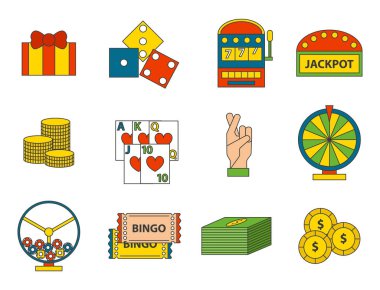 Casino oyun simgeleri poker kumarbaz sembolleri kazanan rulet joker slotbvector illüstrasyon blackjack.