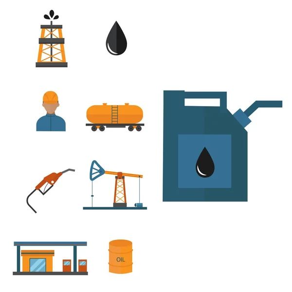 Aceite mineral petróleo extracción producción transporte fábrica logística equipo vector iconos ilustración — Vector de stock