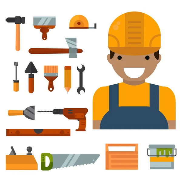 Εικονογράφηση φορέα πολυτεχνίτης ανακαίνιση σπίτι εξοπλισμός εργάτης εργαλεία κατασκευής. — Διανυσματικό Αρχείο