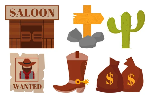 Vintage vaqueros occidentales vector signos americanos símbolos vintage diseños antiguos dibujos animados iconos ilustración . — Archivo Imágenes Vectoriales