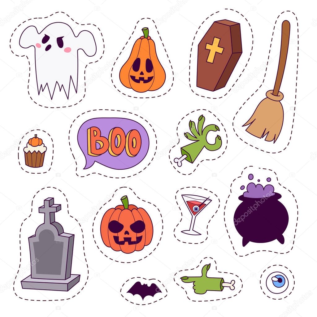 Halloween carnival symbols patchwork vector illustration with pumpkin and ghost spooky october autumn fear creepy traditional sign.