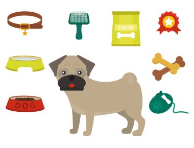 Vektör çizim öğeleri oynayan pug köpek düz stil köpek yavrusu ev evde beslenen hayvan Aksesuar ayarla.