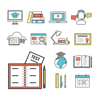 Düz tasarım simgeler online eğitim personeli kitapçıda bilgi öğrenme uzak eğitim illüstrasyon vektör