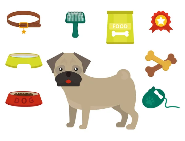 Pug cane giocare vettore illustrazione elementi impostare piatto stile cucciolo domestico animale domestico accessorio . — Vettoriale Stock