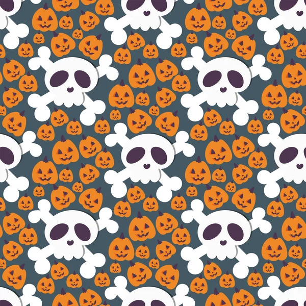 Skull bones human face halloween horror crossbones fear scary vector illustration seamless pattern background. — Stock Vector