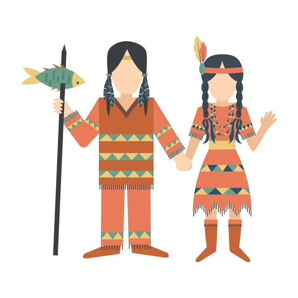 Indios personajes hombre y mujer templo ornamento pareja retro vintage hinduismo étnico personas herramientas vector ilustración — Vector de stock