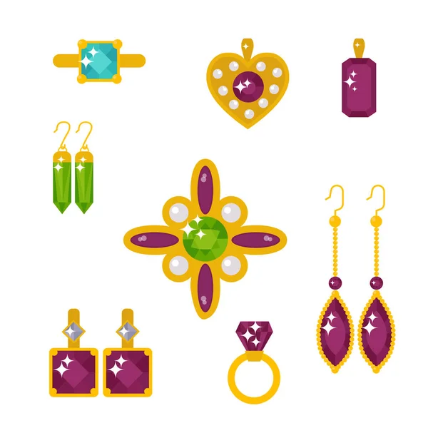 Vector sieraden items gouden elegantie edelstenen kostbare Accessoires mode illustratie — Stockvector