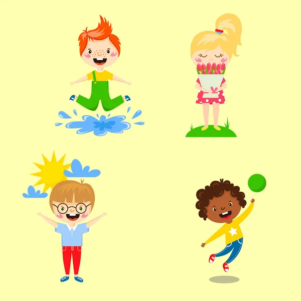 Çocuklar oyun keyfini bahar varış sıcak yaz küçük karakterler mutlu oynarken vektör çizim. — Stok Vektör