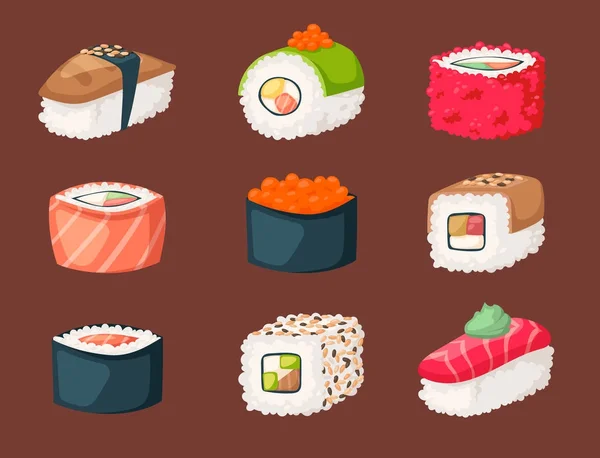Sushi japán konyha hagyományos ételeket lakás egészséges ínyenc ikonok Ázsia étkezési kultúra roll vektor illusztráció. — Stock Vector