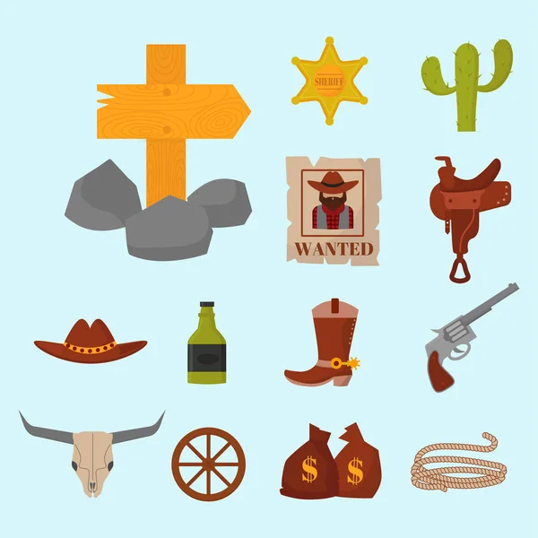 Vintage vaqueros occidentales vector signos americanos símbolos vintage diseños antiguos dibujos animados iconos ilustración . — Archivo Imágenes Vectoriales