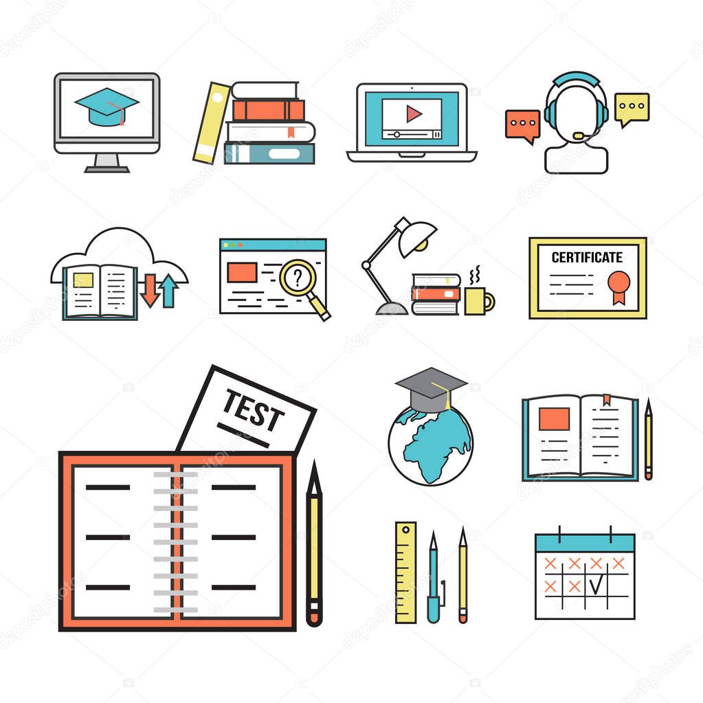 Flat design icons online education staff training book store distant learning knowledge vector illustration