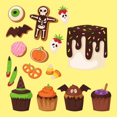 Parti Halloween çerez sembolleri gıda gece kek oyun ya da şeker şeker vektör çizim.