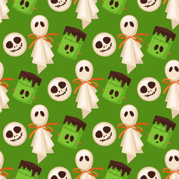 Halloween biscoito sem costura padrão fundo comida noite bolo partido truque ou tratar doces vetor ilustração . —  Vetores de Stock