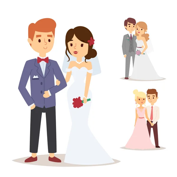 Casamento casal vetor bela modelo menina em vestido branco e homem em terno noiva ilustração —  Vetores de Stock