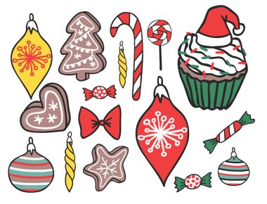 Elle çizilmiş hediyeler Noel tatil sezonu dekorasyon vektör çizim stil.