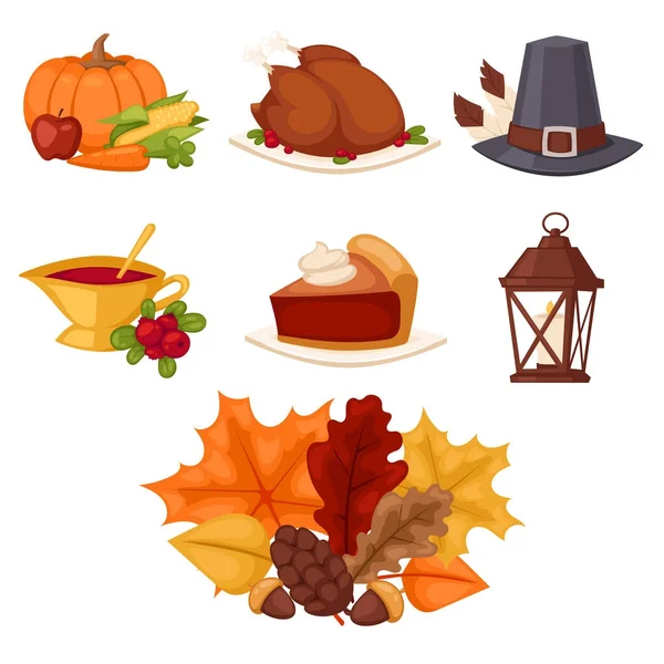 Boldog hálaadás napja design holiday objektumok friss élelmiszer termés őszi szezon vektoros illusztráció — Stock Vector