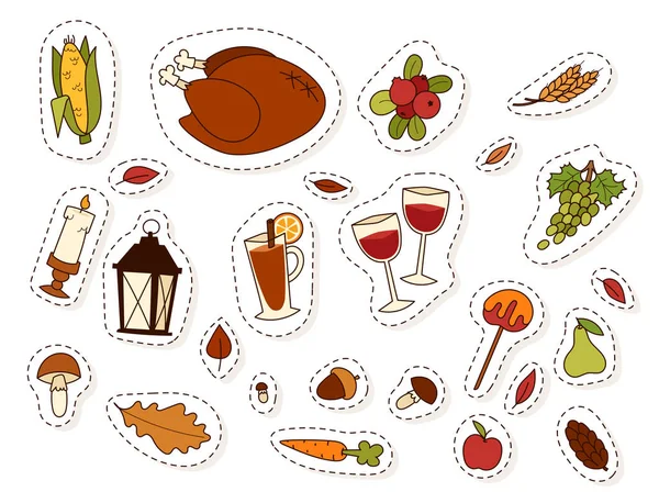 Feliz día de acción de gracias diseño vacaciones objetos alimentos frescos cosecha otoño temporada vector ilustración — Vector de stock