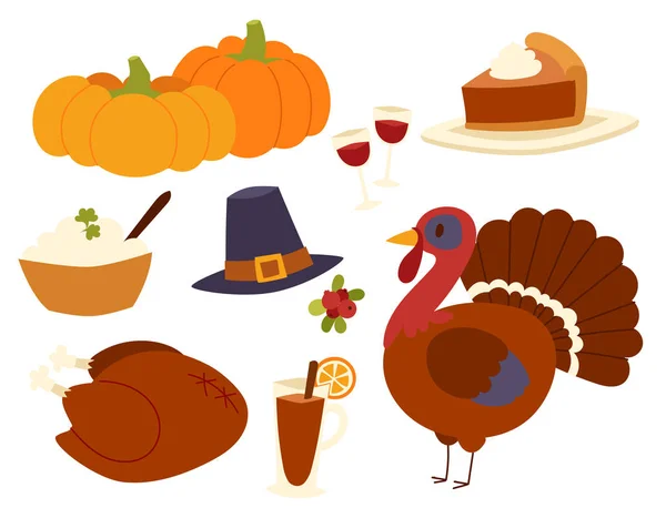 Feliz día de acción de gracias diseño vacaciones objetos alimentos frescos cosecha otoño temporada vector ilustración — Archivo Imágenes Vectoriales