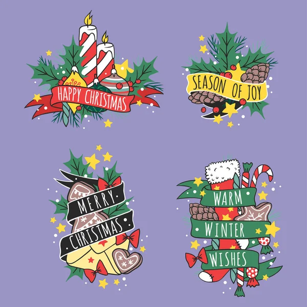 Navidad mano dibujado cinta insignias estilo vacaciones temporada decoración vector logotipo ilustración . — Vector de stock