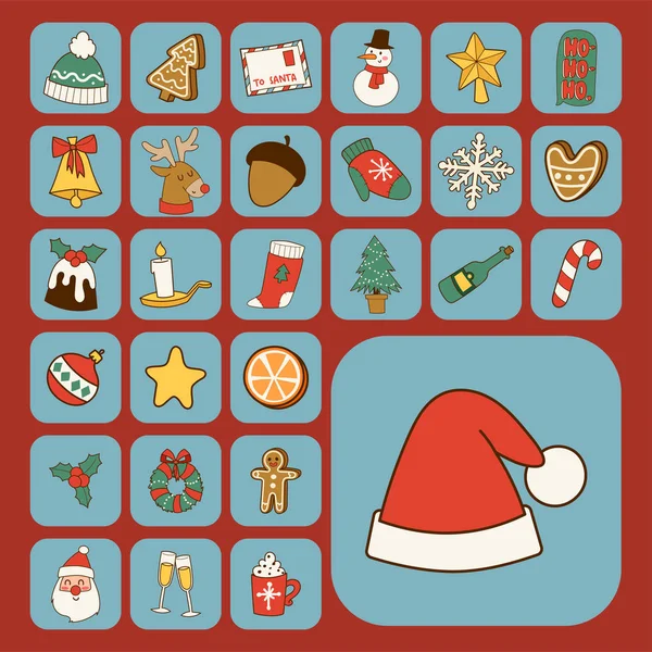 Χριστούγεννα ευχετήρια κάρτα αυτοκόλλητα σύμβολα διάνυσμα χειμερινή γιορτή σχεδιασμό διακοπές χειμώνα διακόσμηση στολίδι εικονογράφηση. — Διανυσματικό Αρχείο