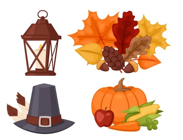 Feliz día de acción de gracias diseño vacaciones objetos alimentos frescos cosecha otoño temporada vector ilustración — Vector de stock
