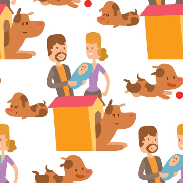 Ilustración vectorial lindos perros y personajes de la gente patrón sin costura pura raza cachorro sonrisa cómica mamífero feliz raza — Vector de stock