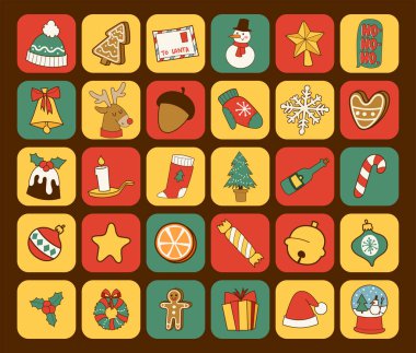 Noel tebrik kartı çıkartmaları sembolleri kış kutlama tatil kış süsleme süsleme tasarlamak vektör.