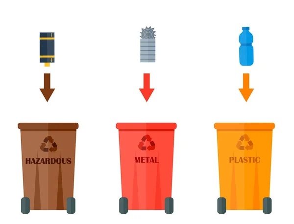 Verschillende recyclage van afval typen vuilnis sorteren verwerking, behandeling remaking Prullenbak gebruiken iconen vectorillustratie. — Stockvector