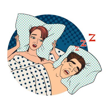 Adam evde yatakta horlama uyku sorun vektör kulakları kapsayan kadın.