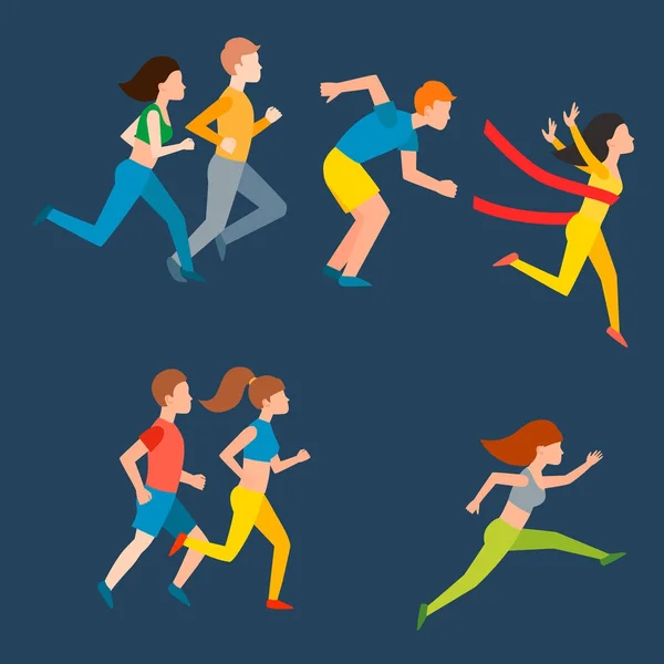 Спортивный бег человек люди бег трусцой летний спорт наслаждаясь бегун осуществления их здорового образа жизни векторной иллюстрации — стоковый вектор