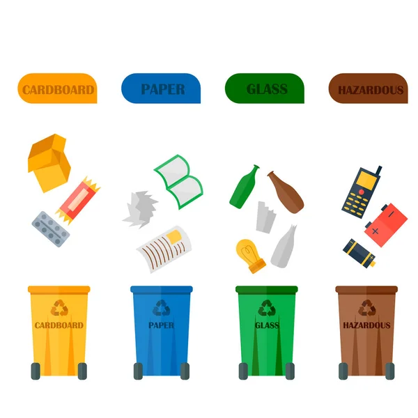 Verschillende recyclage van afval typen vuilnis sorteren verwerking, behandeling remaking Prullenbak gebruiken iconen vectorillustratie. — Stockvector