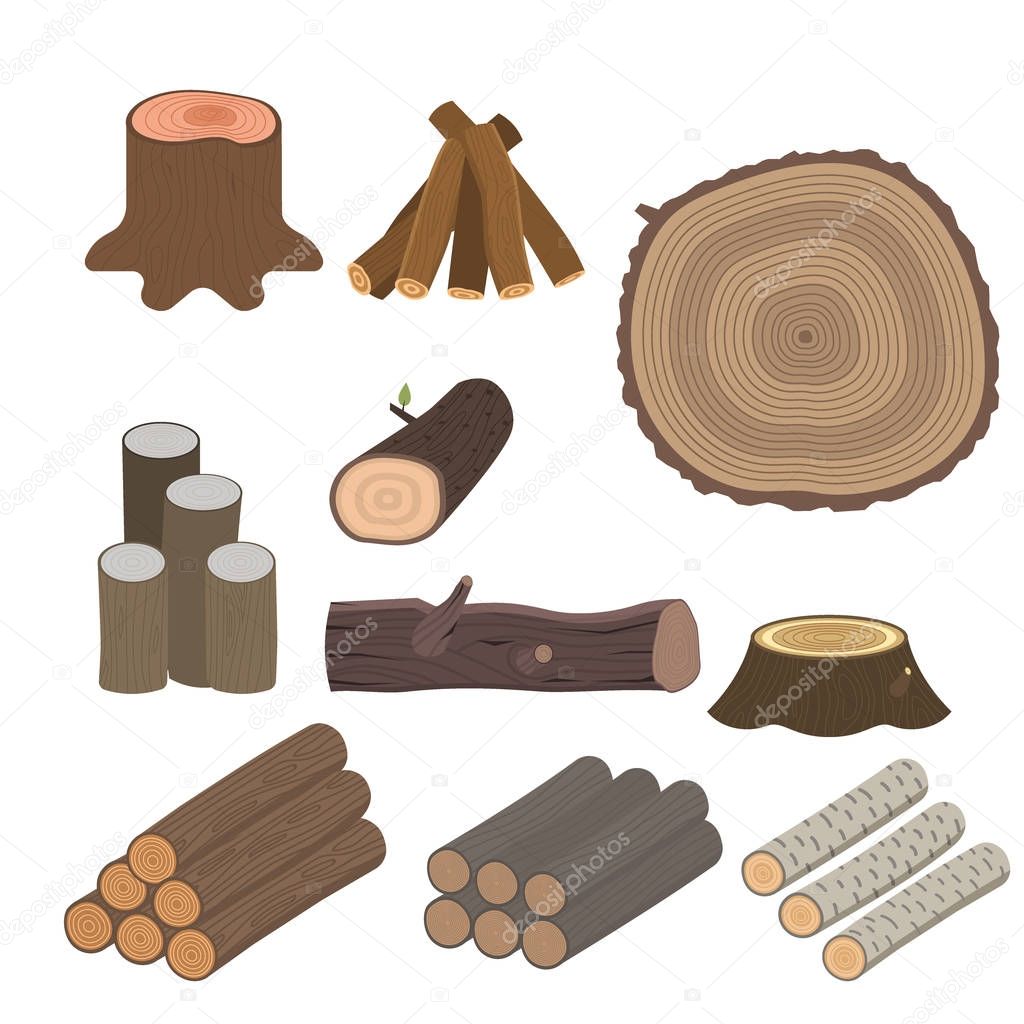 Stacked wood pine timber for construction building cut stump lumber tree bark materials vector illustration.