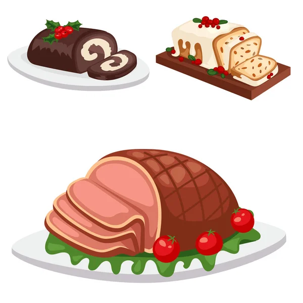 Karácsonyi ételek, és desszertek üdülési dekoráció karácsony édes ünnep vektor hagyományos ünnepi téli sütemény házi készítésű étel. — Stock Vector