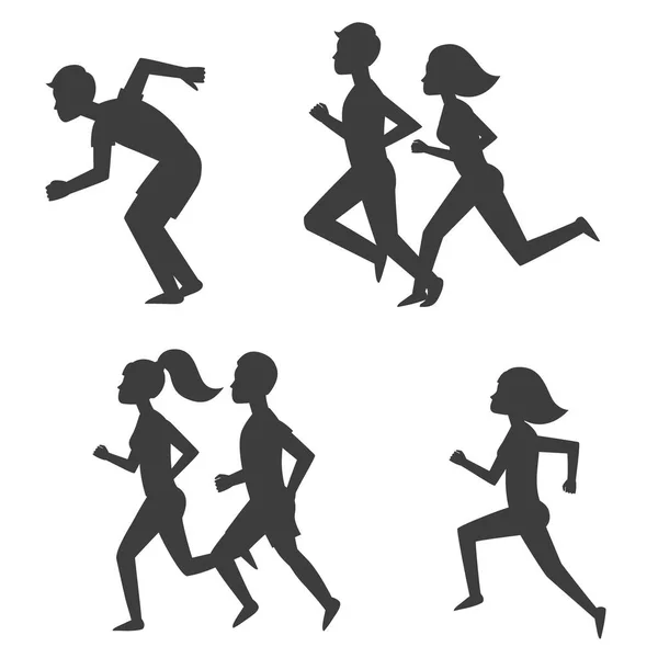 Atletik menjalankan manusia manusia siluet jogging olahraga musim panas menikmati pelari berolahraga vektor gaya hidup sehat mereka ilustrasi - Stok Vektor