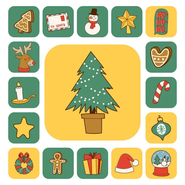 Natal cartão adesivos símbolos vetor inverno celebração design feriados inverno decoração ornamento ilustração . — Vetor de Stock