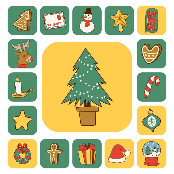 Christmas greeting card stickers symbols vector winter celebration design holidays winter decoration ornament illustration. — Stock Vector