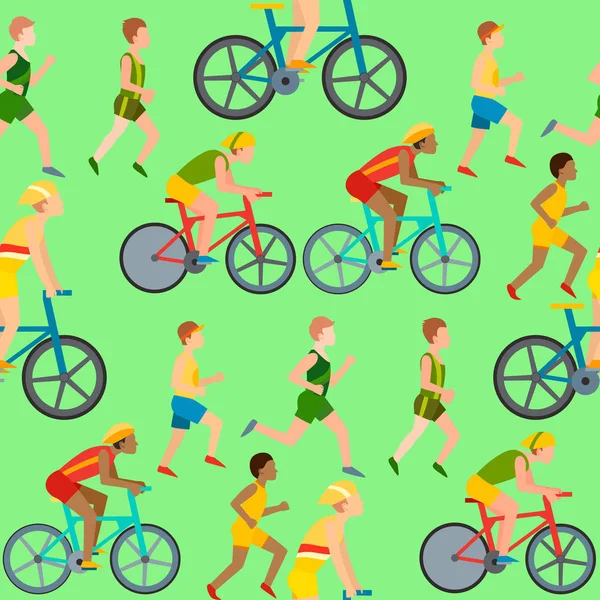 Atletik lari manusia orang jogging olahraga musim panas menikmati pelari berolahraga gaya hidup sehat mereka vektor ilustrasi pola latar belakang mulus - Stok Vektor