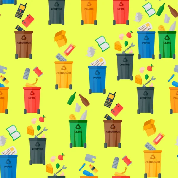 Hergebruik van afval afval sorteren verwerking naadloze patroon achtergrond behandeling remaking van de trash iconen vectorillustratie gebruiken. — Stockvector