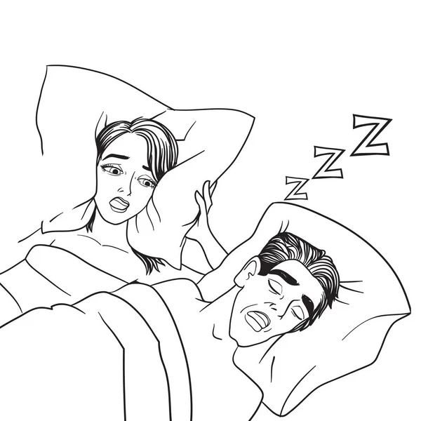 Mulher cobrindo ouvidos enquanto o homem roncando na cama em casa vetor problema de sono . — Vetor de Stock