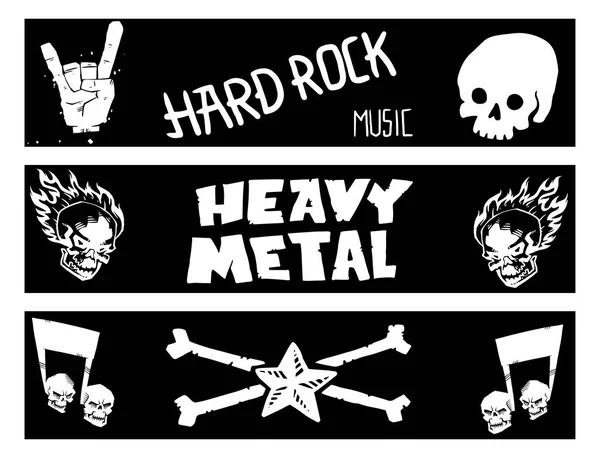 Heavy rock música banner vetor vintage etiqueta com crânio punk símbolo som duro adesivo emblema ilustração —  Vetores de Stock