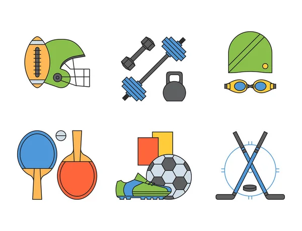 Набір спортивних іконок у плоскій лінії дизайну піктограма фітнес-символ гри трофей змагання з гантелі активності Векторні ілюстрації . — стоковий вектор