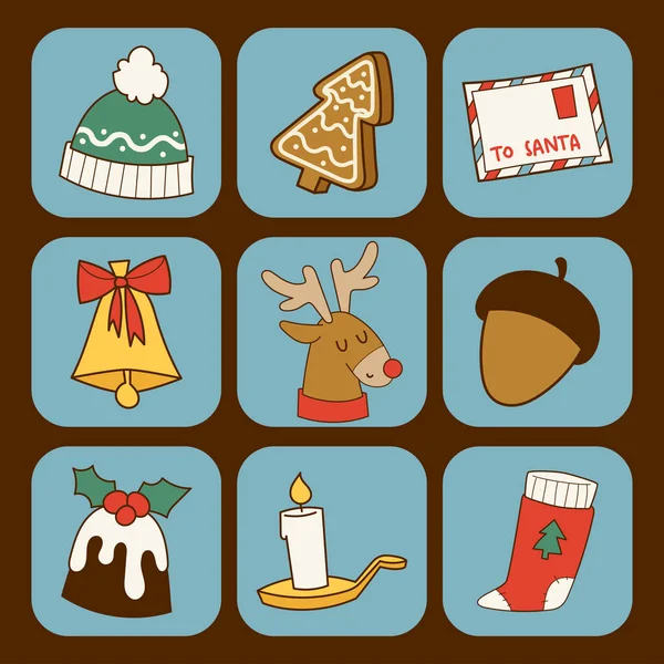 Christmas wenskaart stickers symbolen vector winter viering ontwerp vakanties winter decoratie sieraad illustratie. — Stockvector