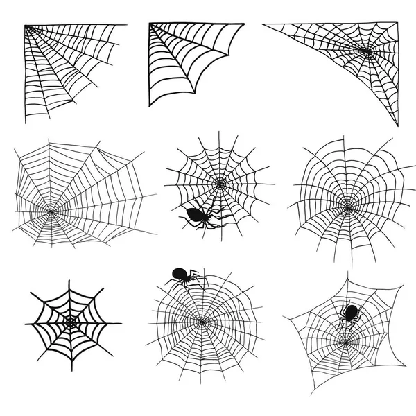 Spinnen en spider web silhouet spookachtige aard halloween element vector Raagbol decoratie vrezen spooky net. — Stockvector