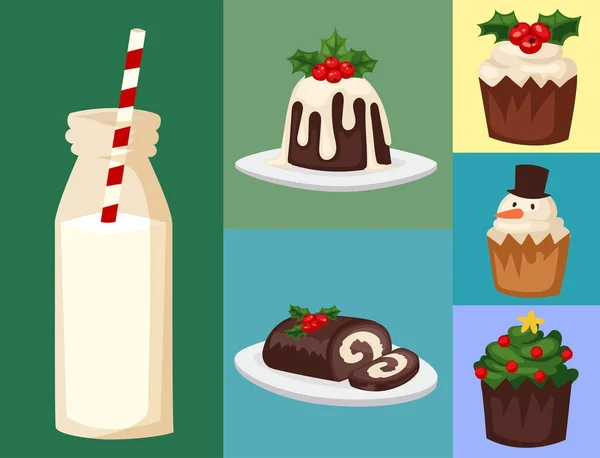 Vánoční jídla a dezerty dovolená dekorace vánoční sladké oslavy vektorové tradiční slavnostní zimní dort domácí jídlo. — Stockový vektor